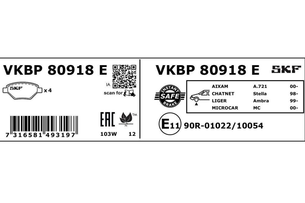 Jeu de 4 plaquettes de frein SKF ref. VKBP 80918 E